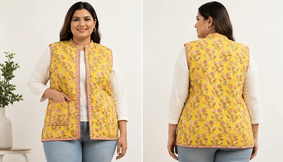 Cotton Quilted Jaipuri Printed Jacket - Plus Size, Yellow Color, Washable, Sleeveless Design With Single Pocket & Elegant Embroidered Technics