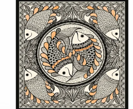 Fish Raas Madhubani Painting (22x15 inch) - Handcraft supplier, exporter & wholesale manufacturer