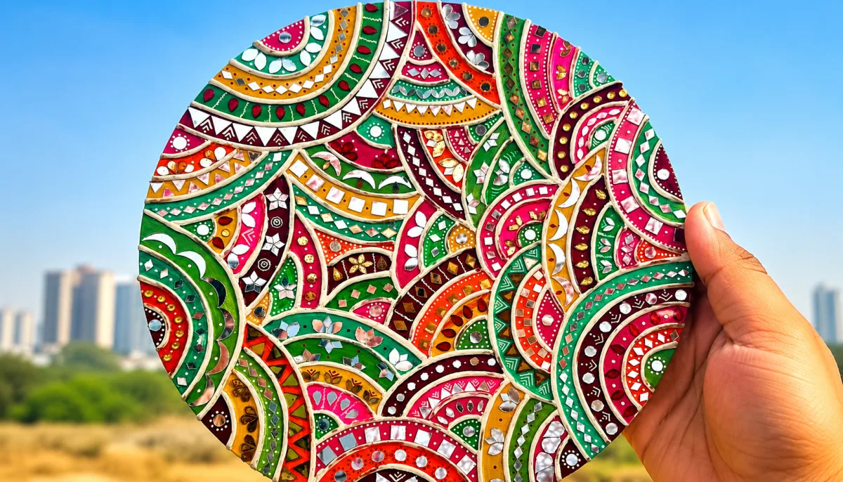Contemporary abstract Lippan artwork using layered arches, mirrors and earthy tones. Peacock Panel - Handcraft supplier, exporter & wholesale manufacturer