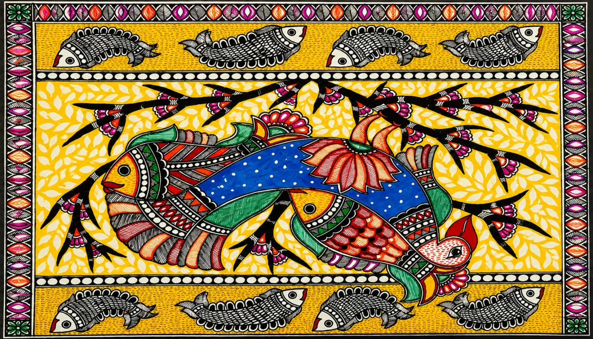 Fish And Bird Madhubani Painting