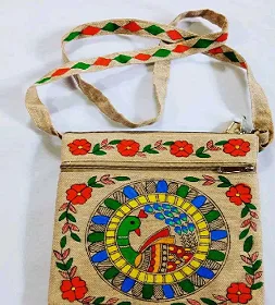 Handpainted Madhubani Painting on Jute Hanging Bag - Handcraft supplier, exporter & wholesale manufacturer