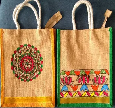 Handpainted Madhubani Painting on Jute Hanging Bag - Handcraft supplier, exporter & wholesale manufacturer